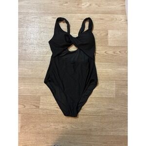 Textured Black Cutout One Piece Swimsuit Twist Front Popcorn Fabric 0XL